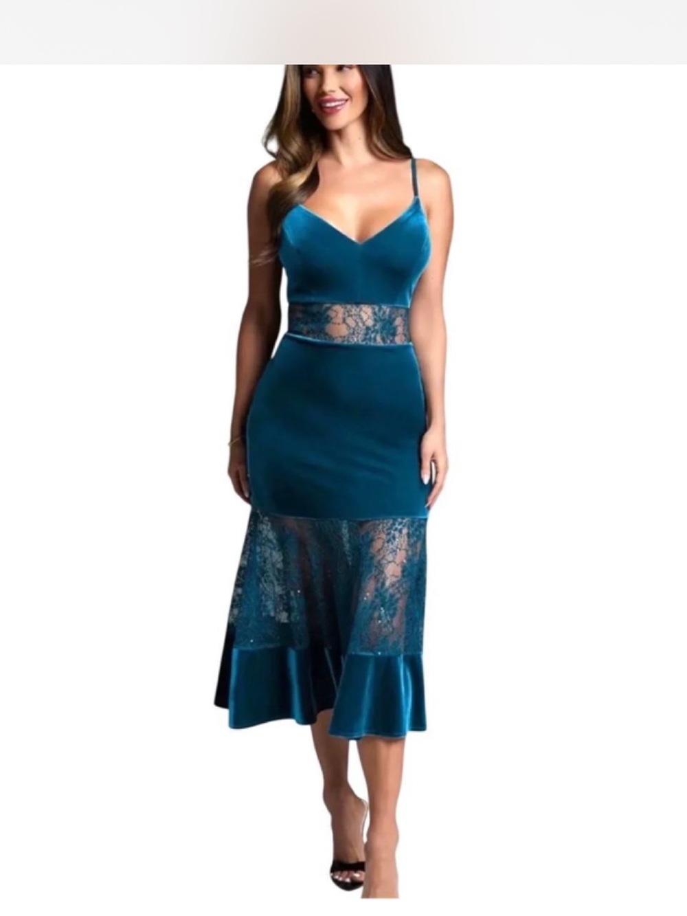 Bebe Teal Velvet Lace Midi Dress